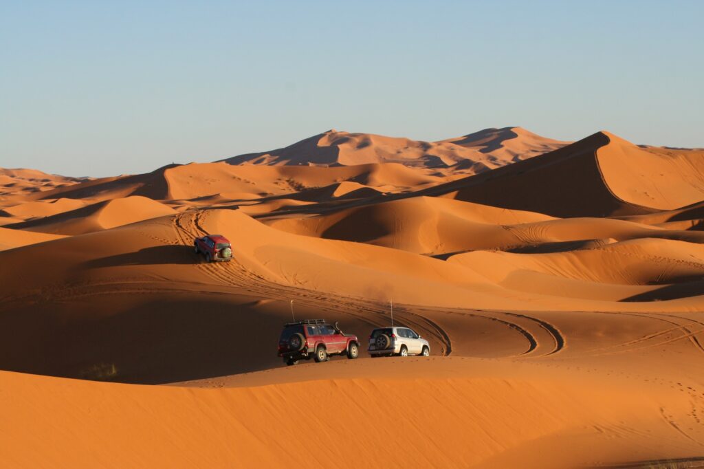 off road car driving in the Sahara desert near Merzouga in Morocco