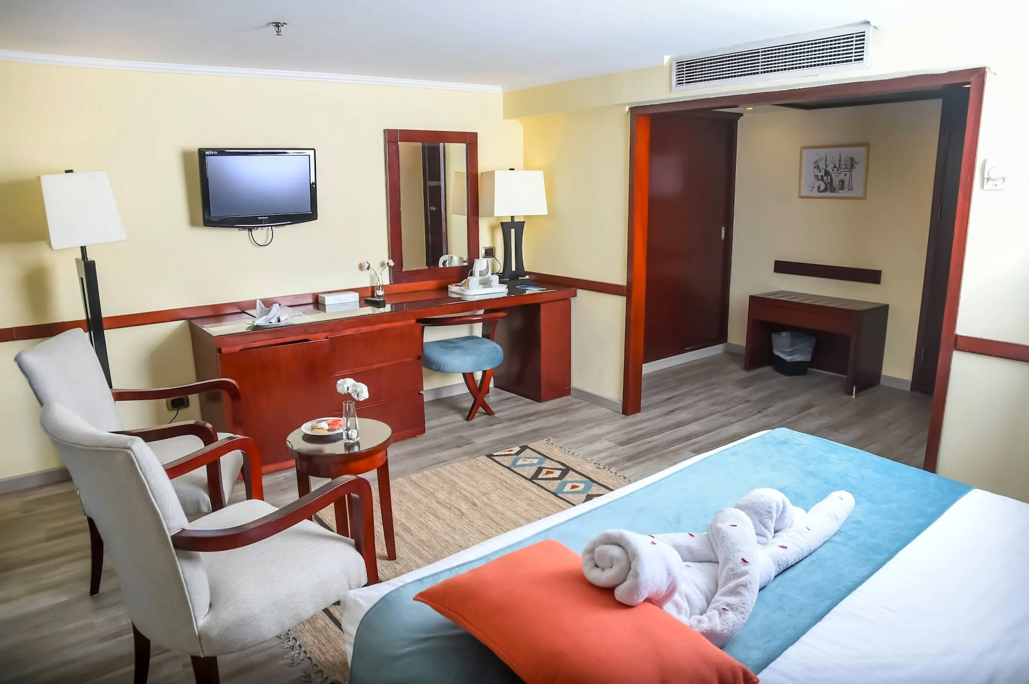 Comfortable cabin on MS Amwaj Livingstone with soft lighting