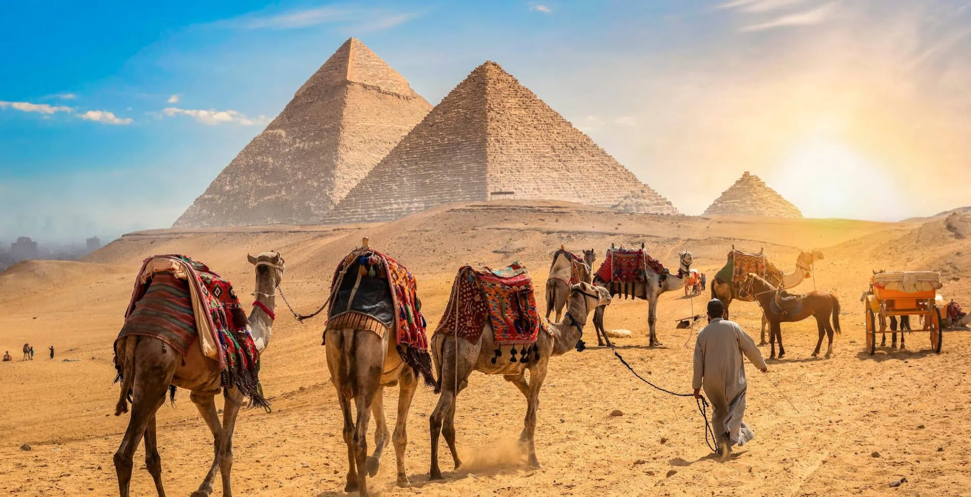 Bedouin with camels near great pyramids in Cairo Egypt 1905x976 crop 52 21