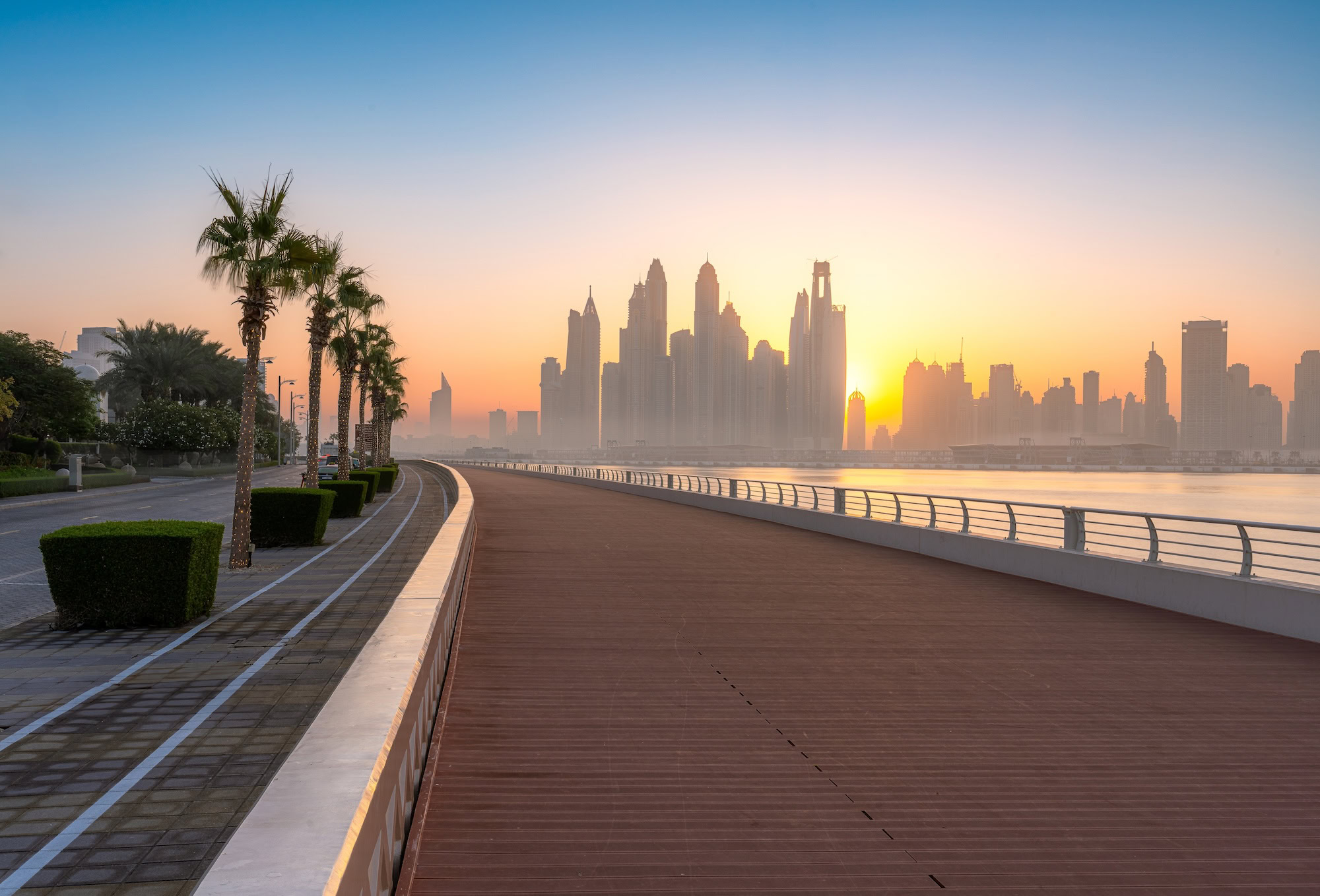 Boardwalk in the morning of Dubai Palm at sunrise