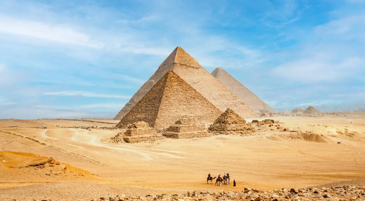 Egypt. Cairo - Giza. General view of pyramids from the Giza Plateau (three pyramids known as Queens' Pyramids on front side