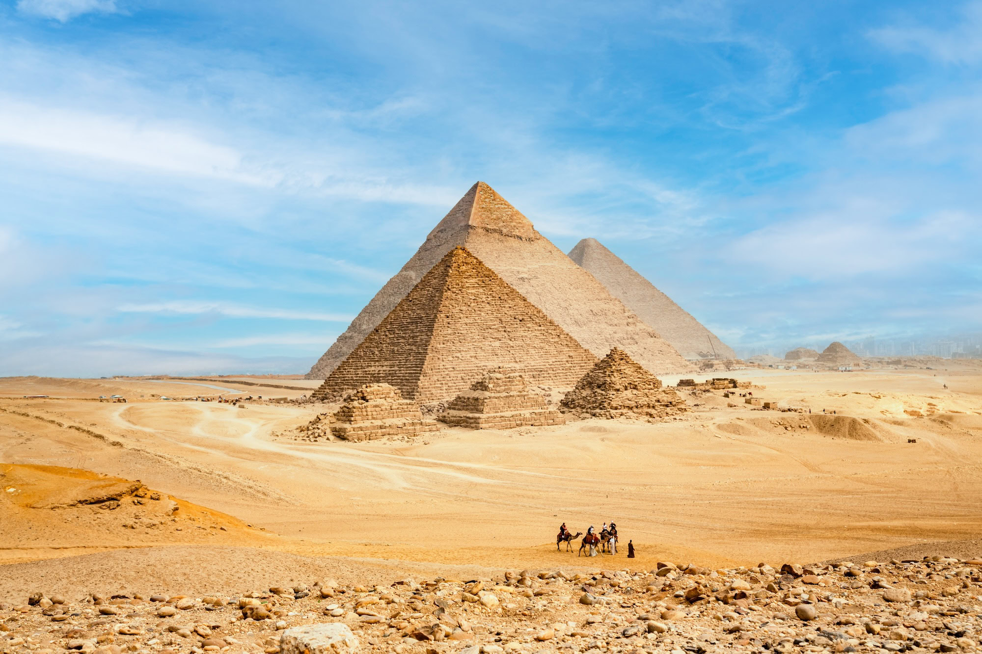 Egypt. Cairo Giza. General view of pyramids from the Giza Plateau three pyramids known as Queens Pyramids on front side