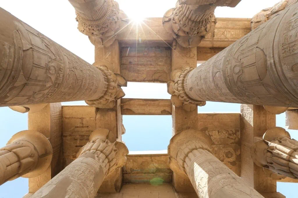 Carved stone columns inside the ancient Kom Ombo Temple complex