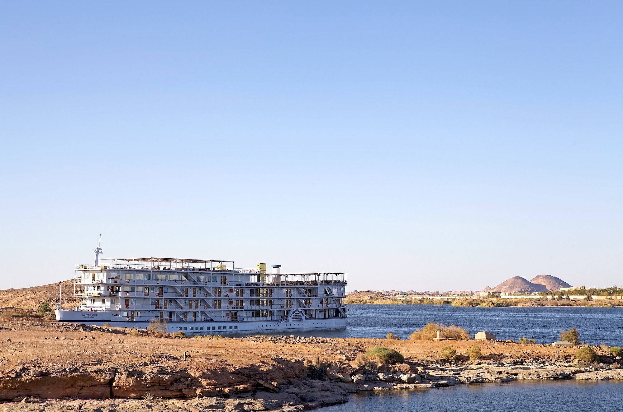 Lake Nasser cruise from Abu Simbel to Aswan Egypt. Movenpick Prince Abbas ship at Abu Simbel