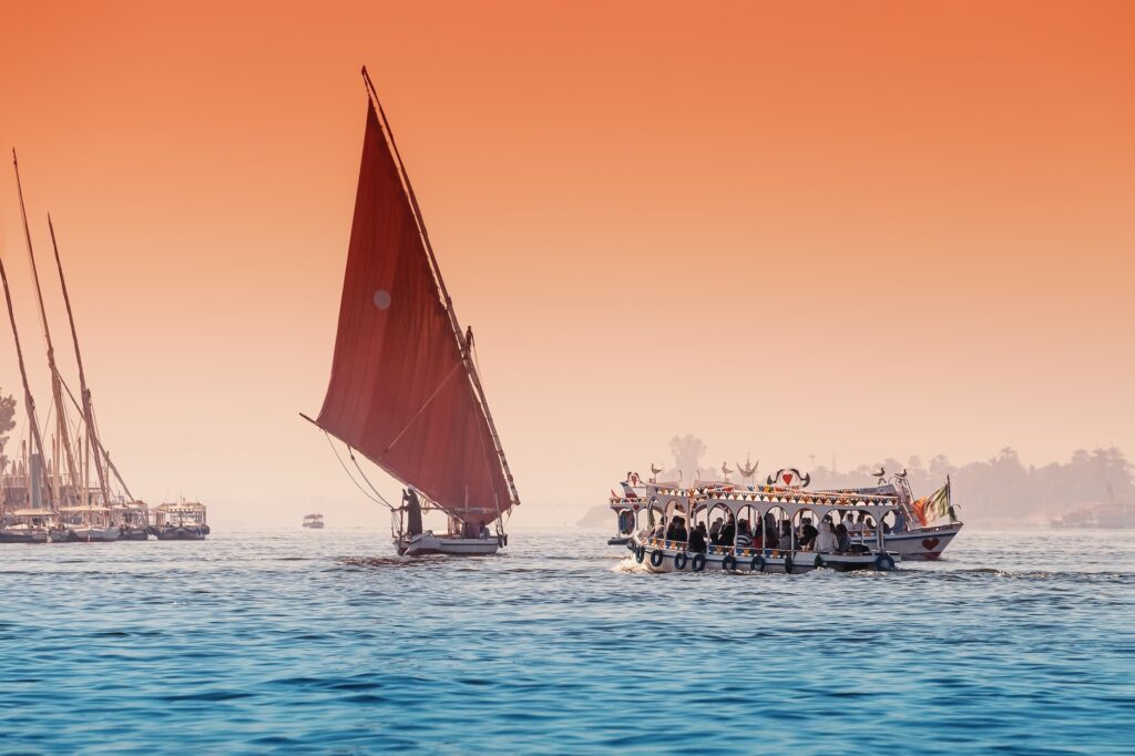 Luxor felucca is a traditional sailing boat used for tourist transport and cruise down the Nile