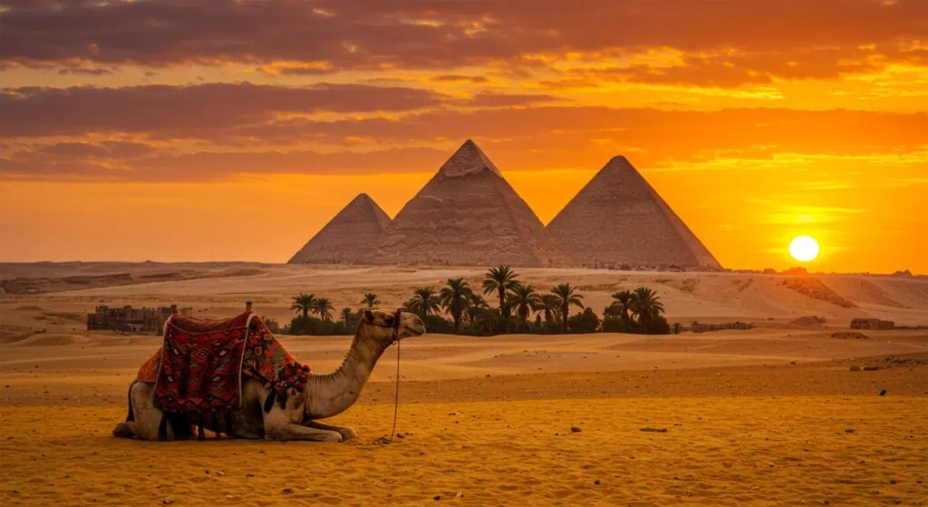 Great Pyramids of Giza at sunset with resting camel in desert