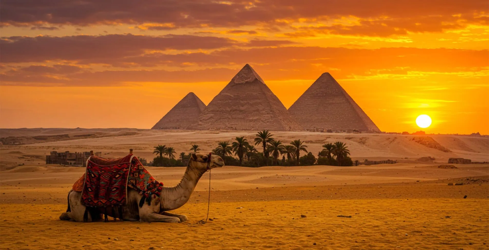 Majestic Pyramids of Giza at Sunset with Camel in Egyptian Desert 1905x976 crop 48 59
