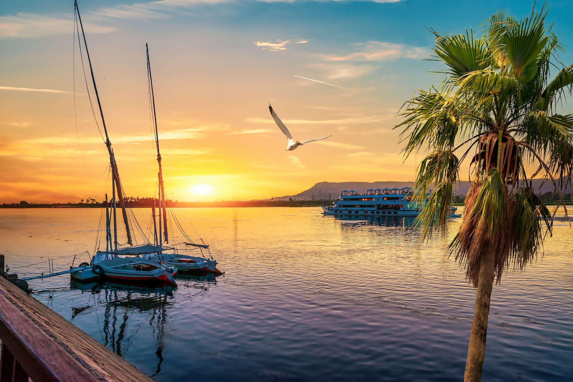 Nile River and boats at sunset in