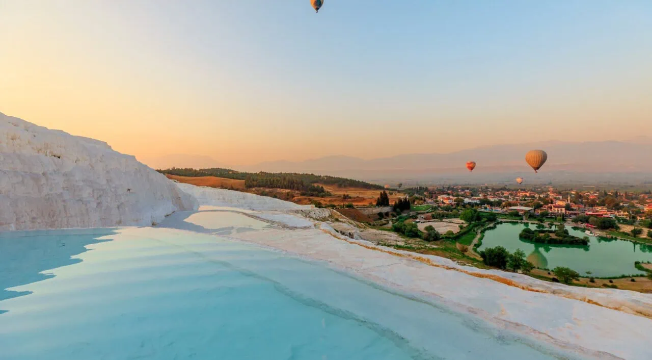 Pamukkale’s natural travertine terraces filled with turquoise thermal water, Turkey