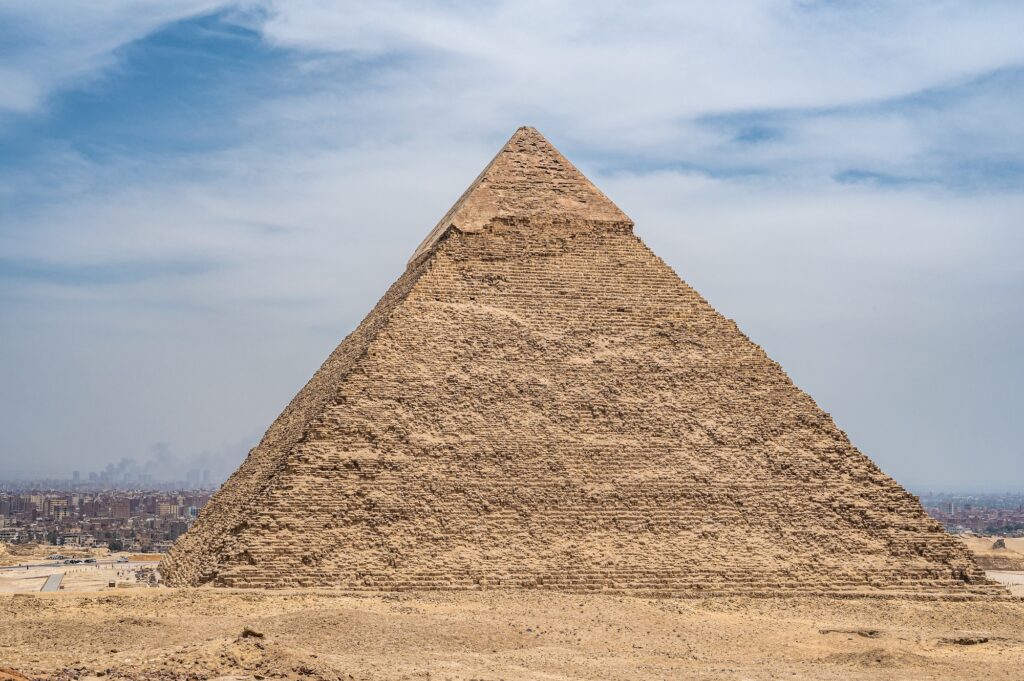 Pyramid of Khafre rising on the desert plateau at Giza Plateau, Giza