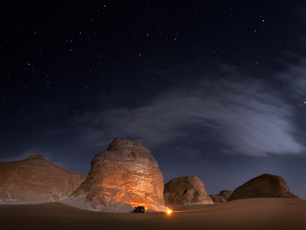Rocks under the stars in White Desert in Egypt