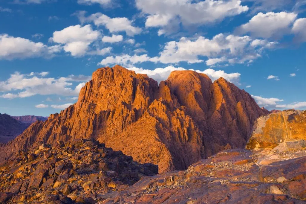 Sunrise view from Mount Sinai with rocky peaks and desert landscape, Saint Catherine
