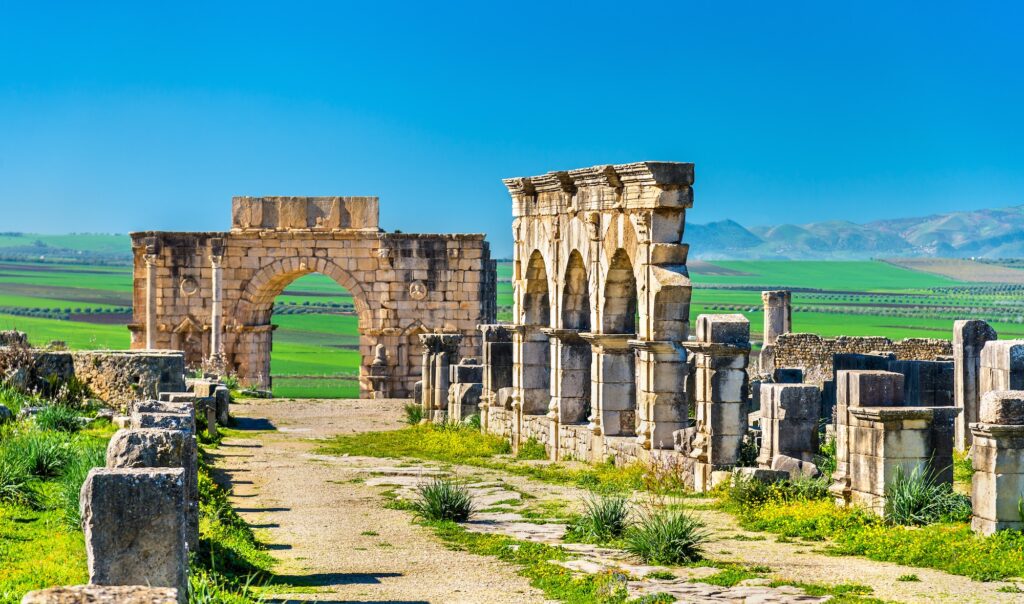 The Decumanus Maximus the main street of Volubilis a UNESCO world heritage site in Morocco