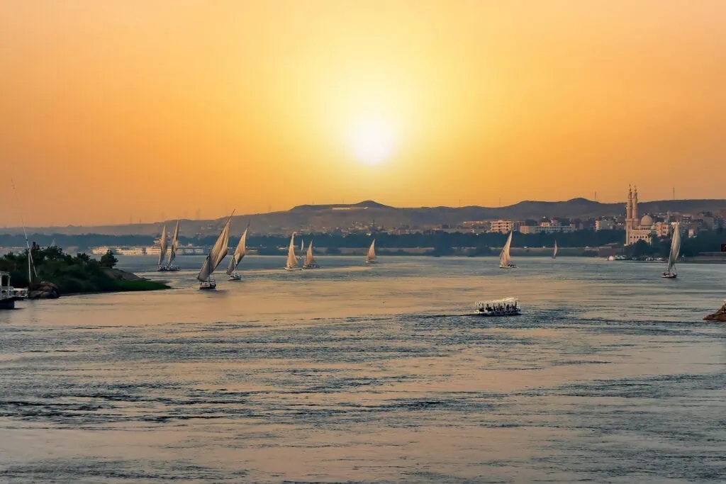 Feluccas sailing on the Nile River during an orange sunset with riverbank view, Aswan
