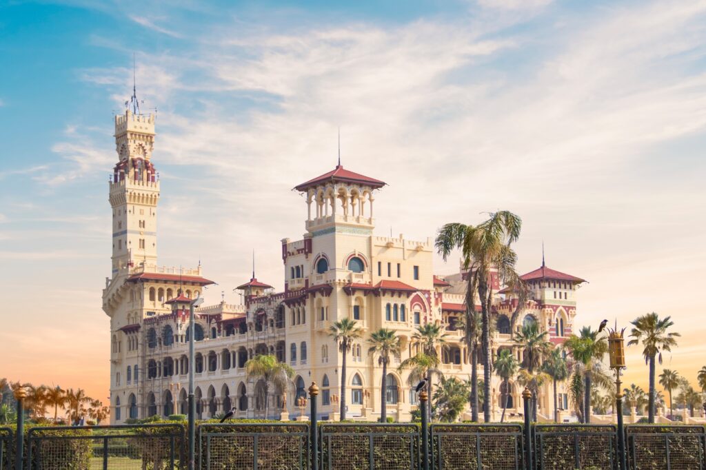 Montaza Palace in Alexandria, seen from its coastal gardens along the Mediterranean