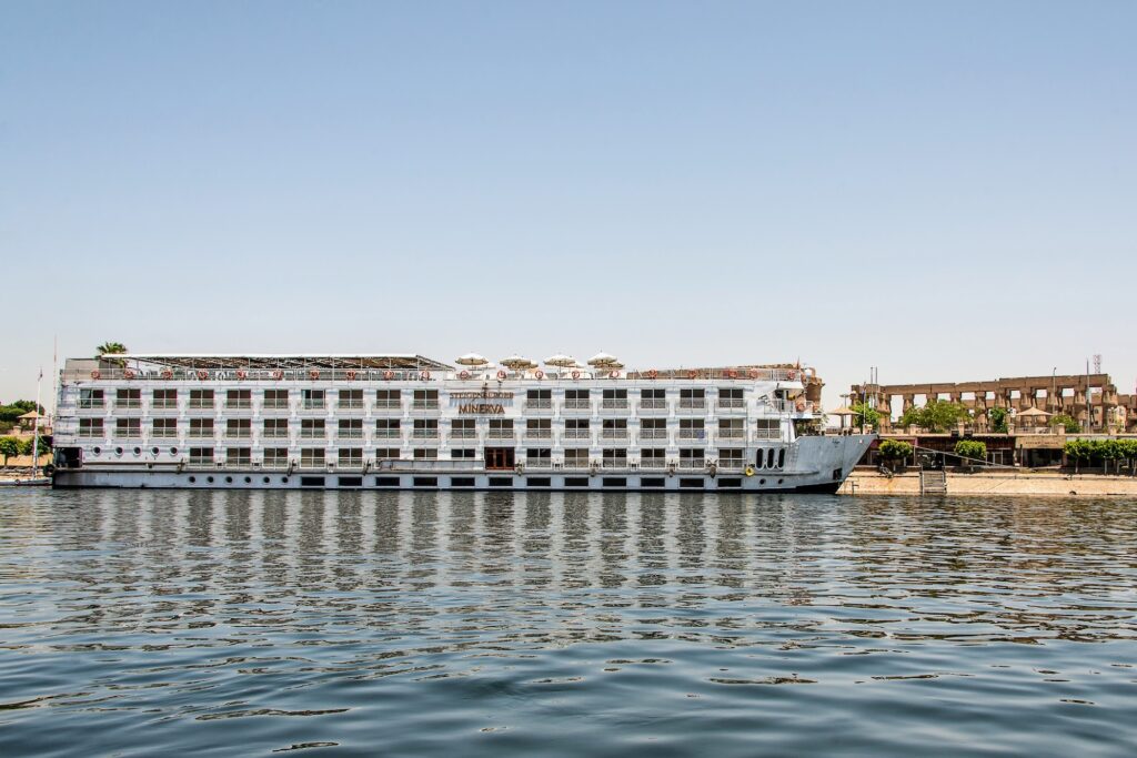 Nile River view with Steigenberger Minerva cruise ship on the West Bank