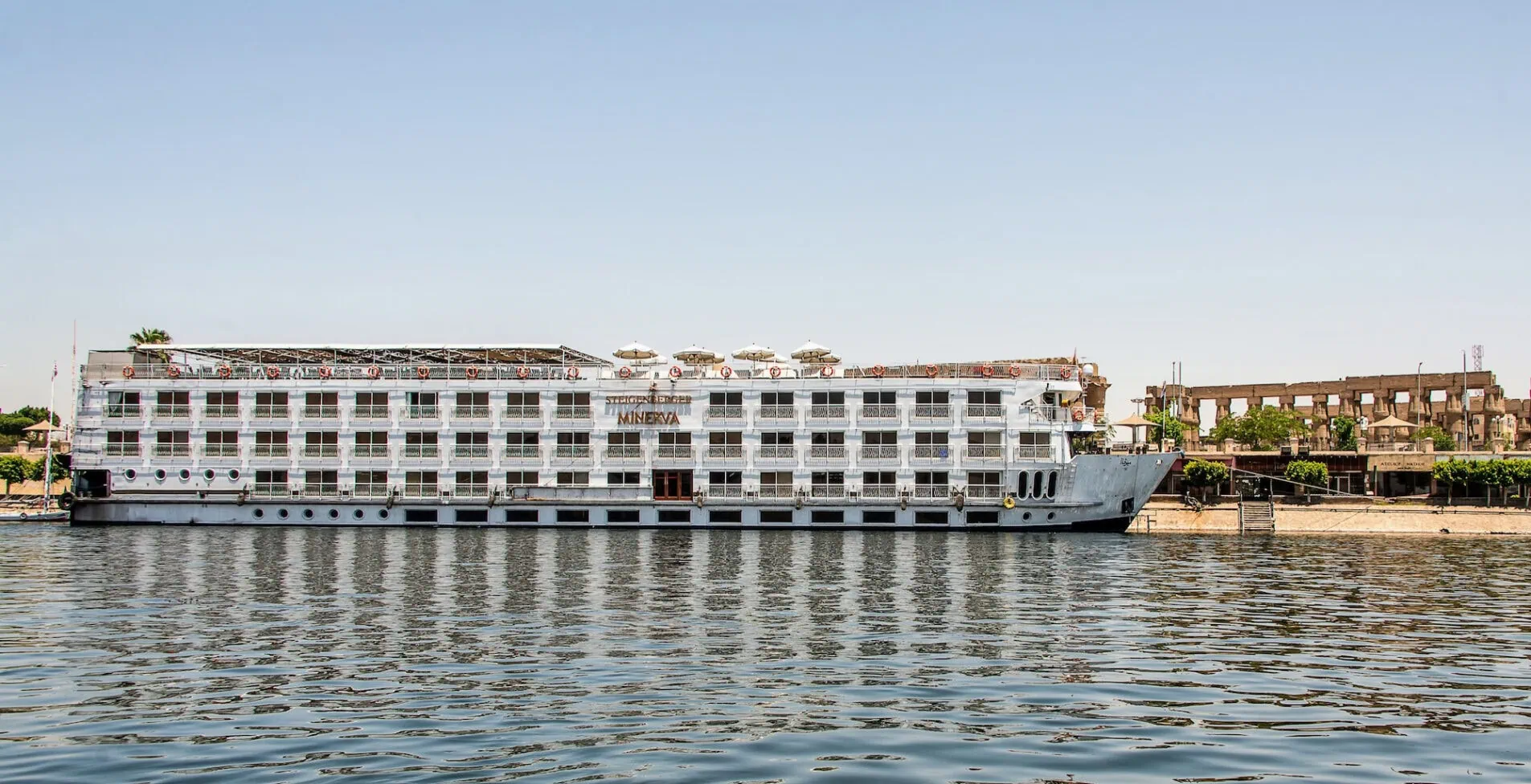 View on the Nile River with the Steigenberger Minerva Cruise Boat Hotel on West Bank 1 1905x976 crop 50 56
