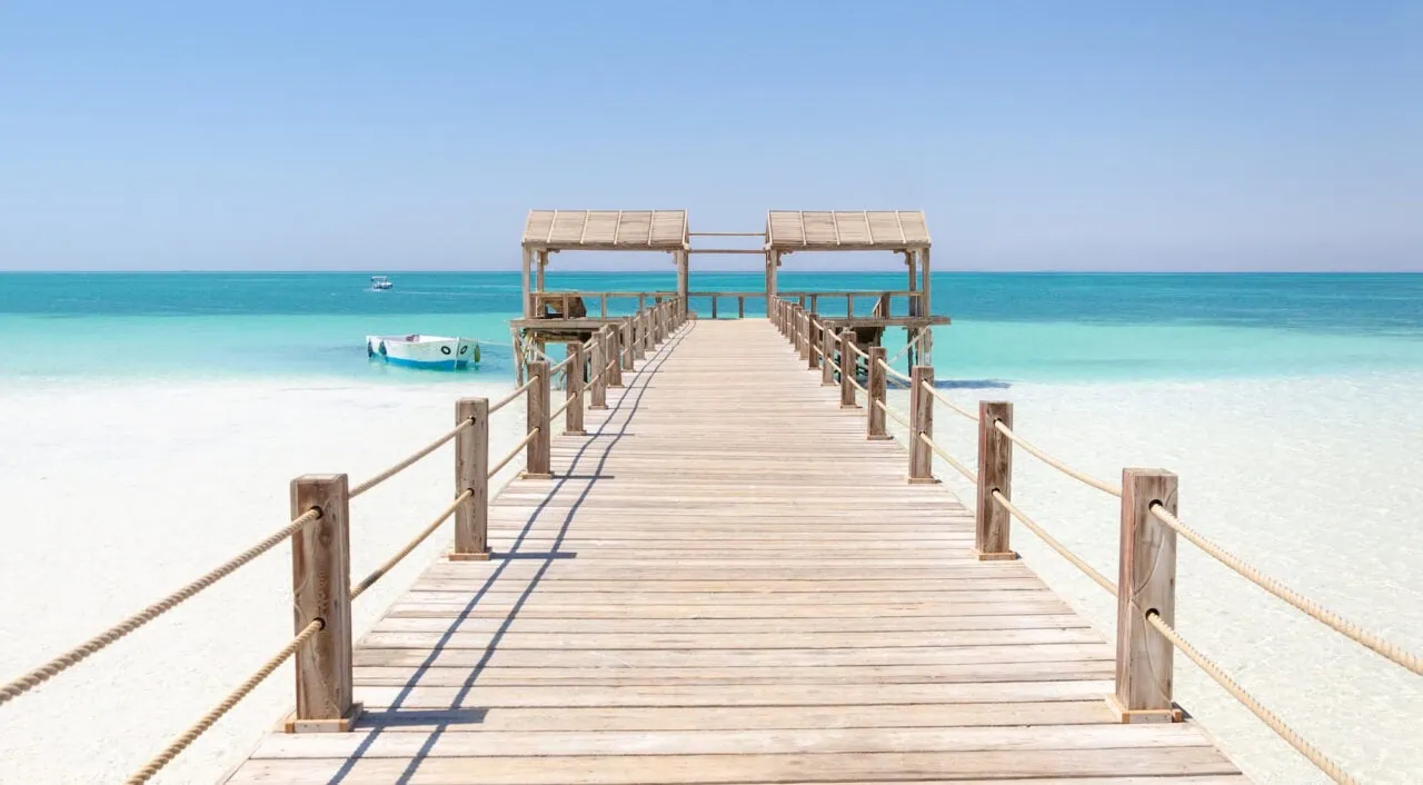 Wooden pier in Giftun island, Hurghada, Red Sea, Egypt. Vacation and Holiday concept.