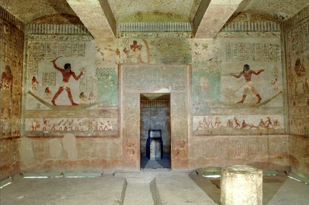 Painted wall reliefs and hieroglyphic scenes inside the Tomb of Khnumhotep II, Beni Hassan, Minya