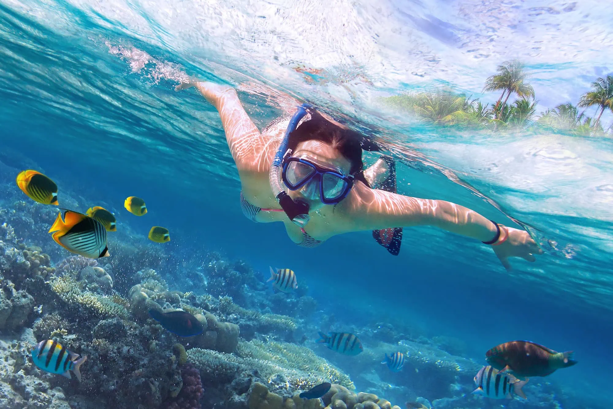 Snorkeler with diving mask exploring vibrant coral reef with tropical fish
