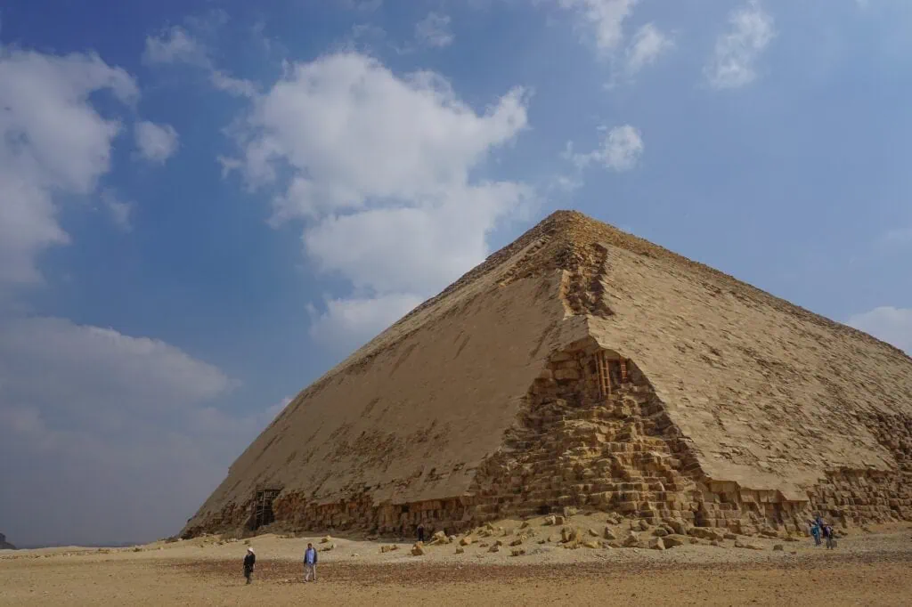 A corner view of the Bent Pyramid showing its distinctive change in angle, Dahshur
