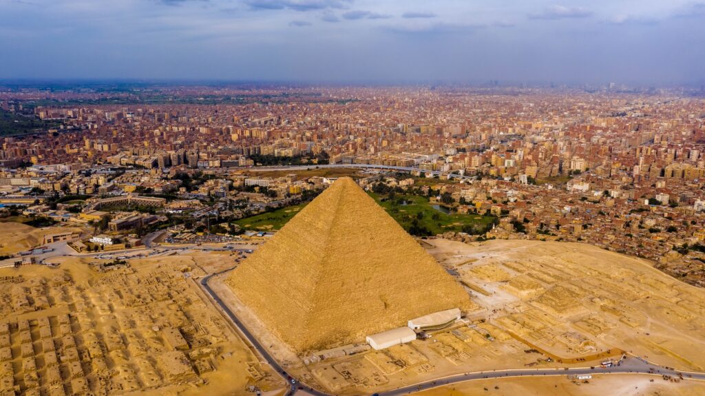 Aerial landscape view of the Pyramid of Khufu, Giza