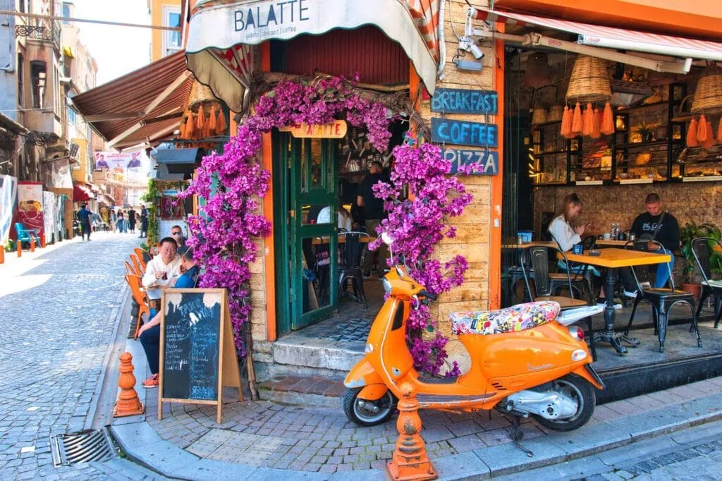 Street view of colorful historic houses and narrow lanes in Balat district, Istanbul