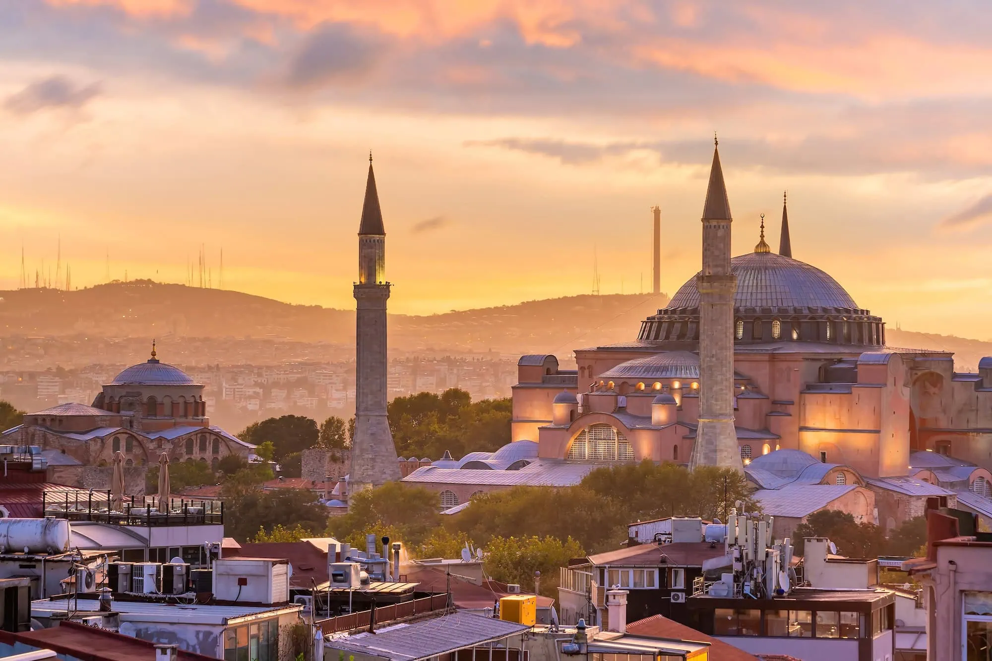 Hagia Sophia mosque with minarets and dome overlooking Istanbul cityscape