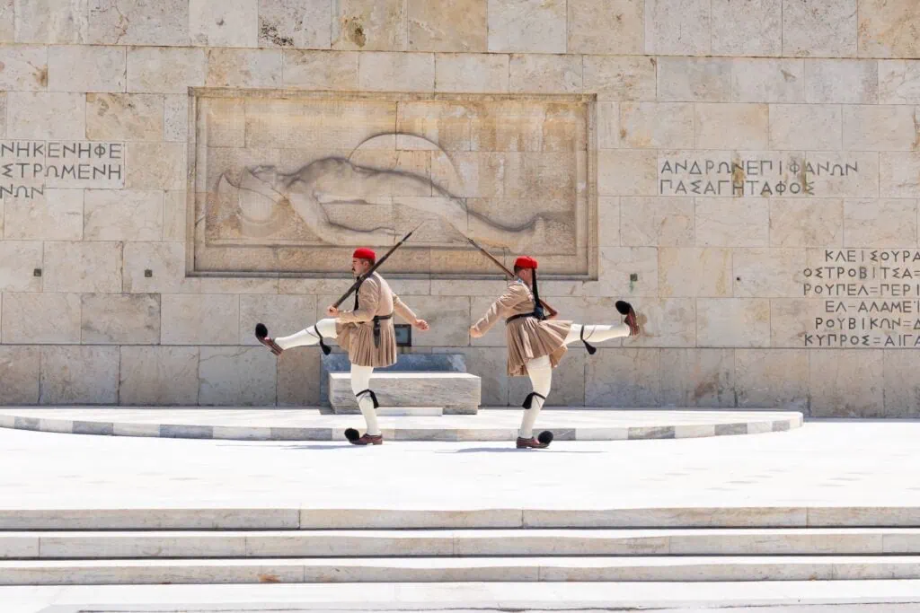 Evzones performing guard change before the Hellenic Parliament in Athens