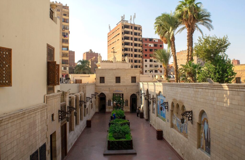 Entrance and front courtyard of the Coptic Hanging Church and surrounding walls at St. Virgin Mary’s Church