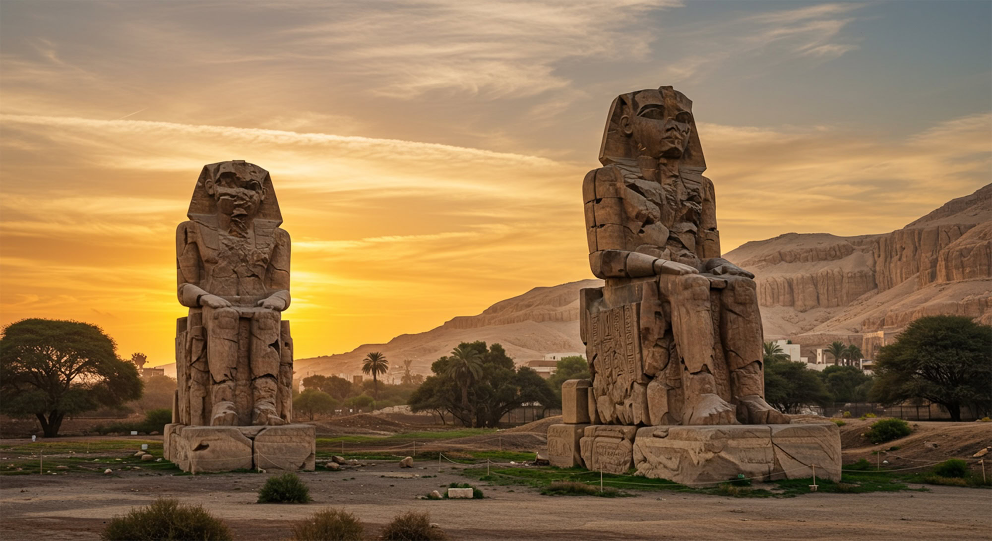 Colossal statues of pharaoh Amenhotep III at Luxor with hieroglyphic inscriptions