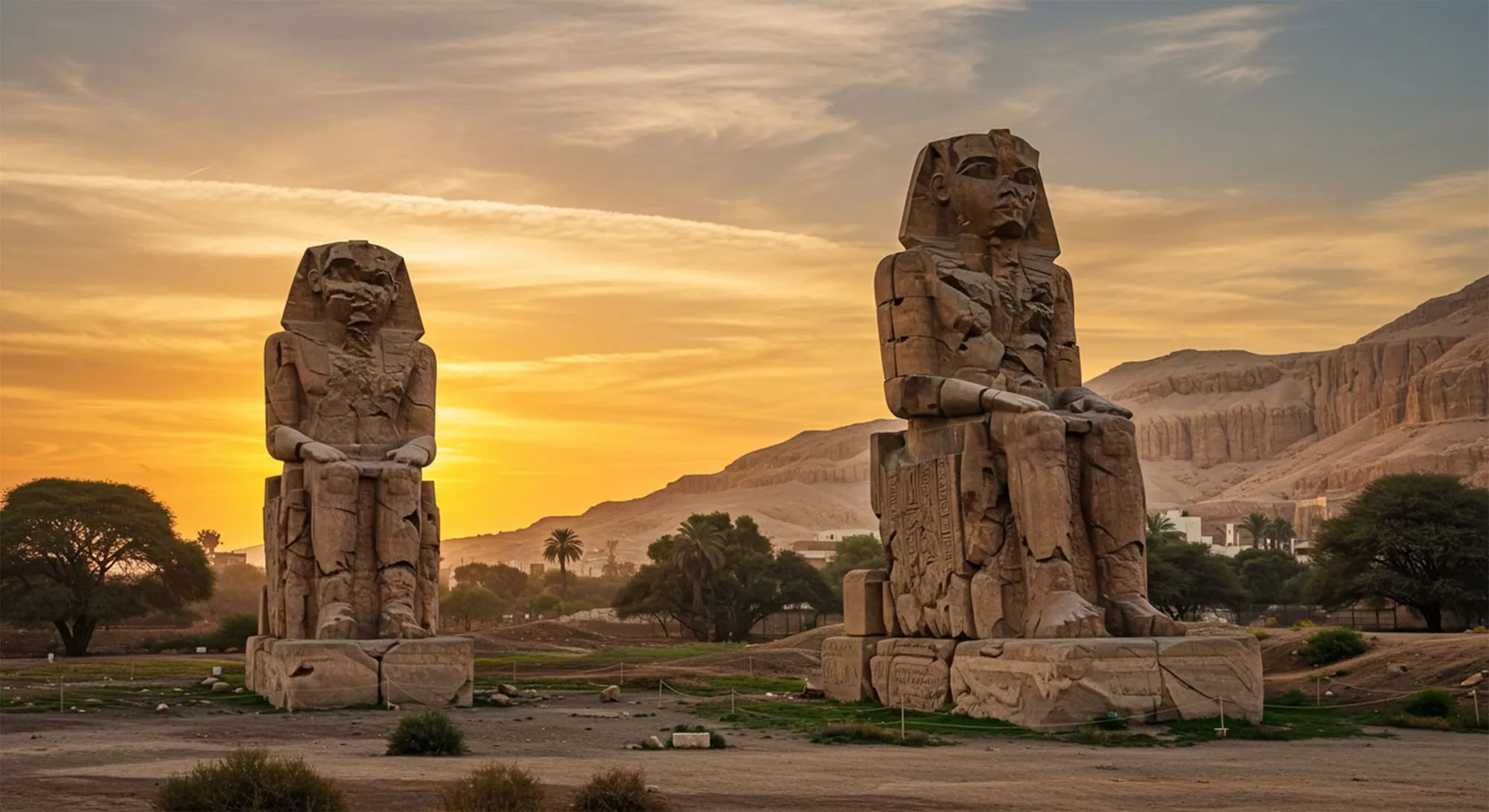Estatuas colosales de Memnon con esculturas de faraones y jeroglíficos en Luxor