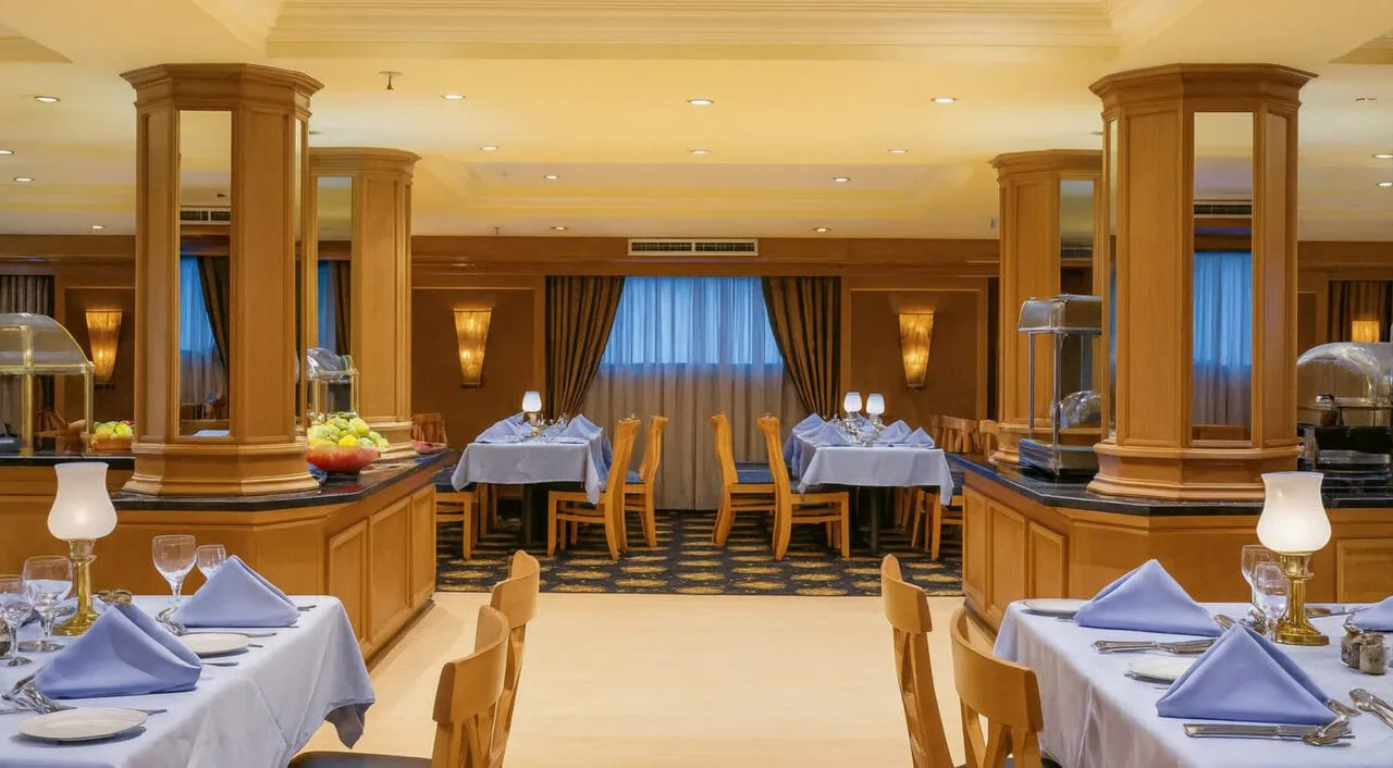 Ristorante elegante a bordo della Jaz Jubilee con tavoli apparecchiati e atmosfera raffinata