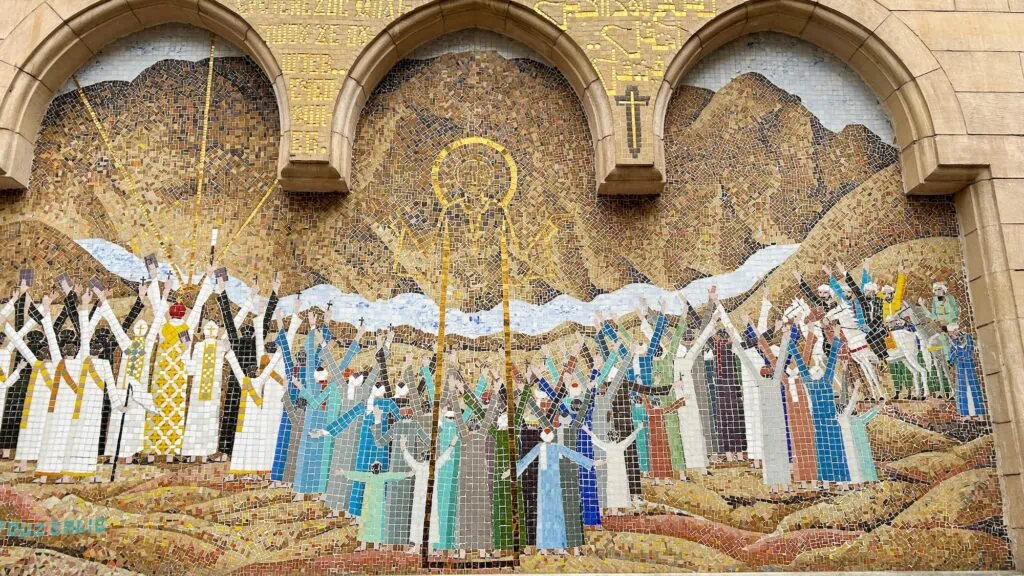 Mosaic wall painting depicting Christian figures and iconography inside the Hanging Church, Cairo