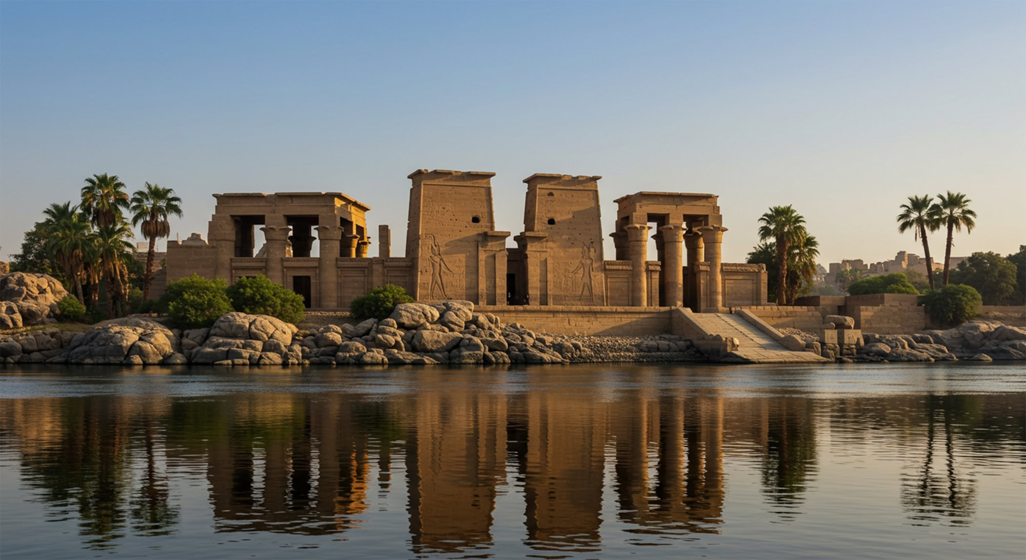 Templo de Philae em Assuã com colunas antigas refletidas na água