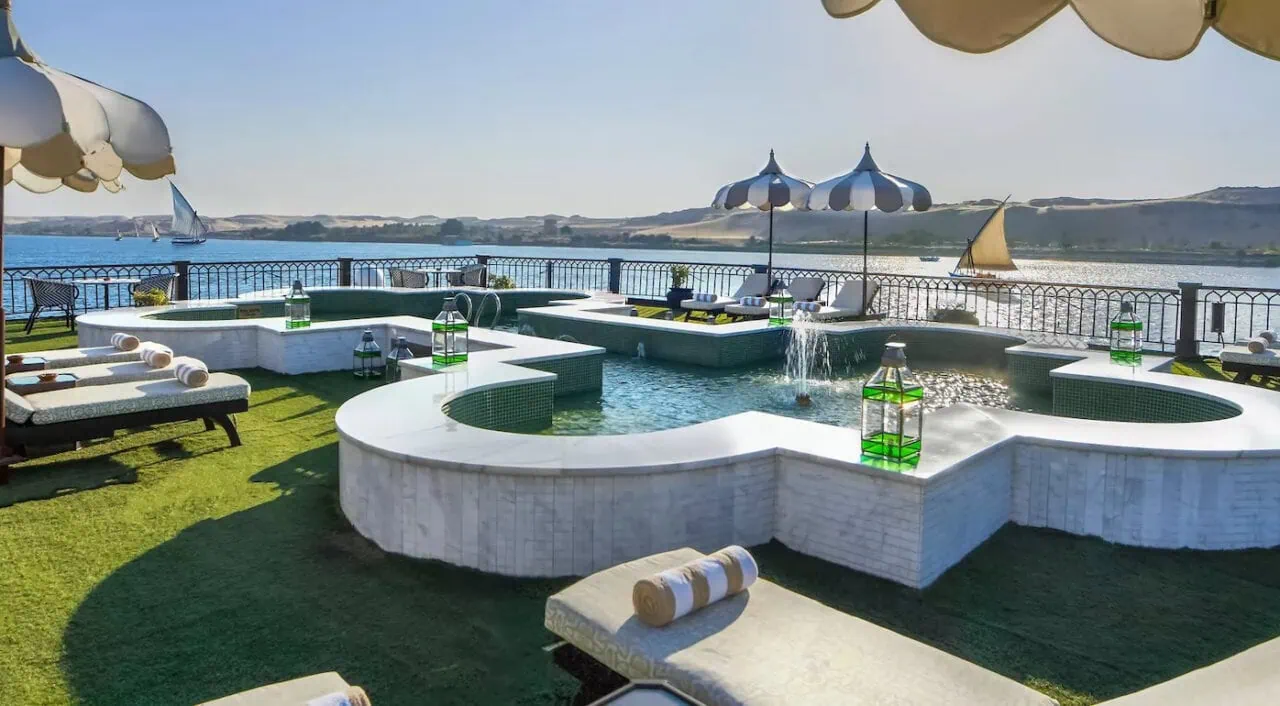 Sun deck with pool and loungers on Mövenpick SS Misr