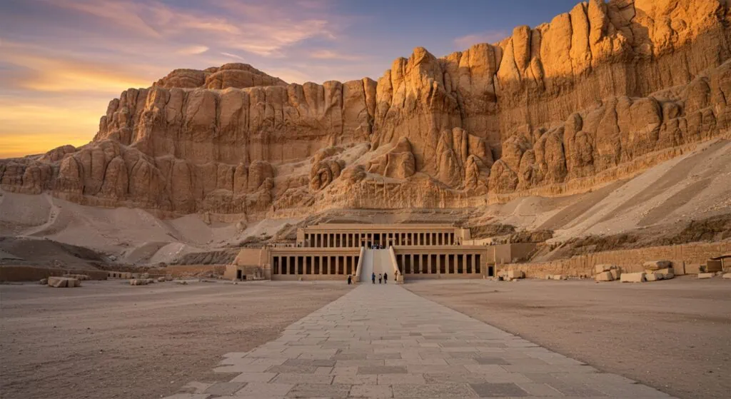 Sunset view of the Mortuary Temple of Hatshepsut against limestone cliffs at Deir el-Bahari, Luxor