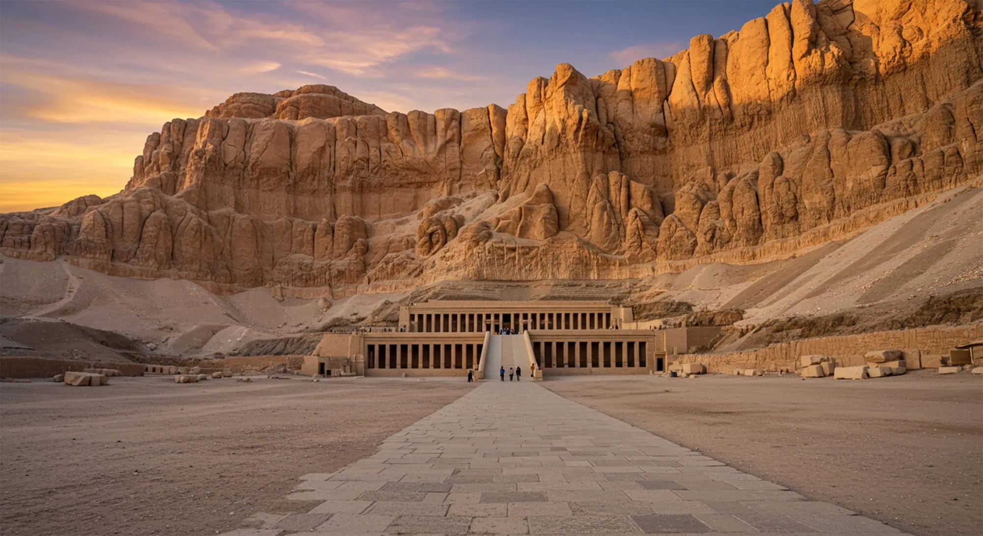 Templo de Hatshepsut con columnas majestuosas contra acantilados del desierto