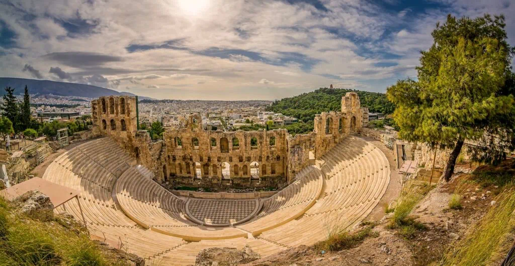 Theater of Dionysus and the Acropolis hill with the Parthenon above, Athens
