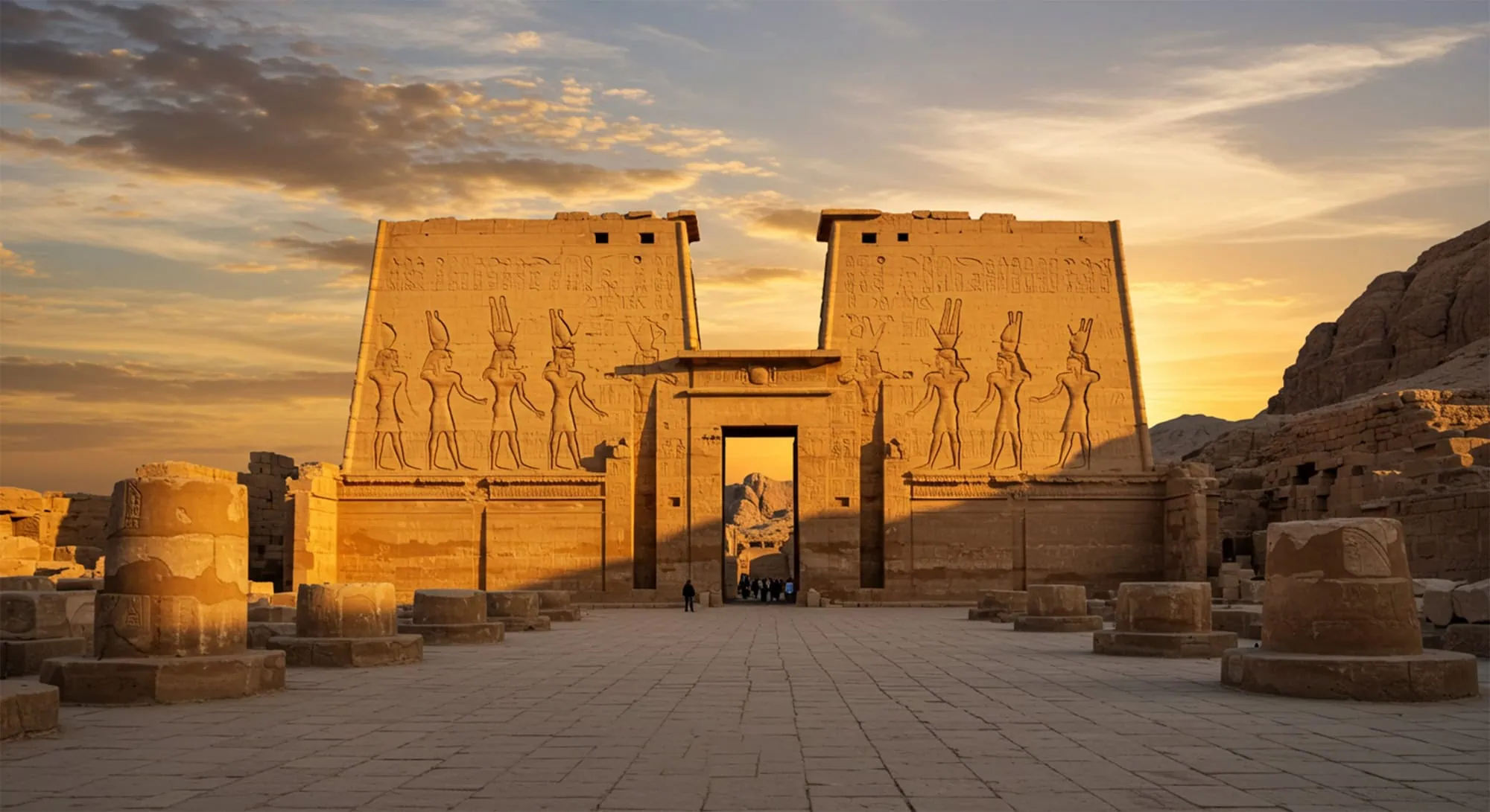 Well-preserved Edfu Temple with massive stone pylon and visitors exploring the ancient Egyptian site