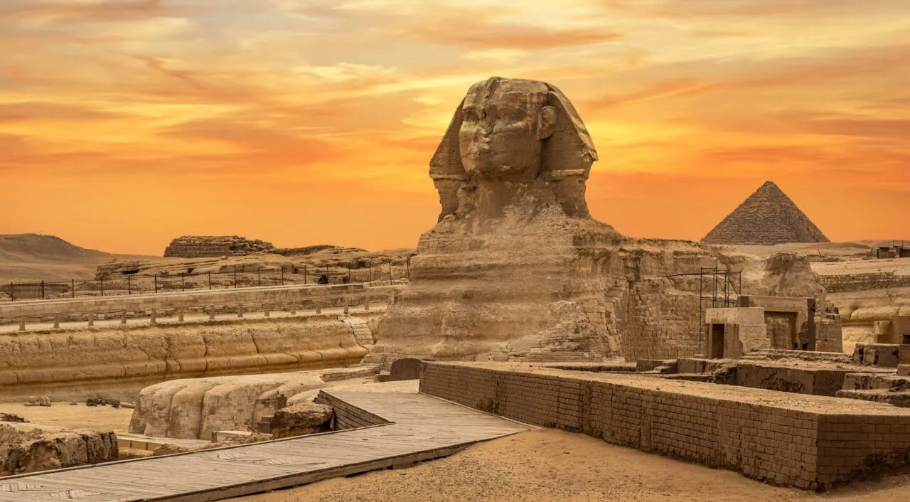The Sphinx in Giza pyramid complex at sunset
