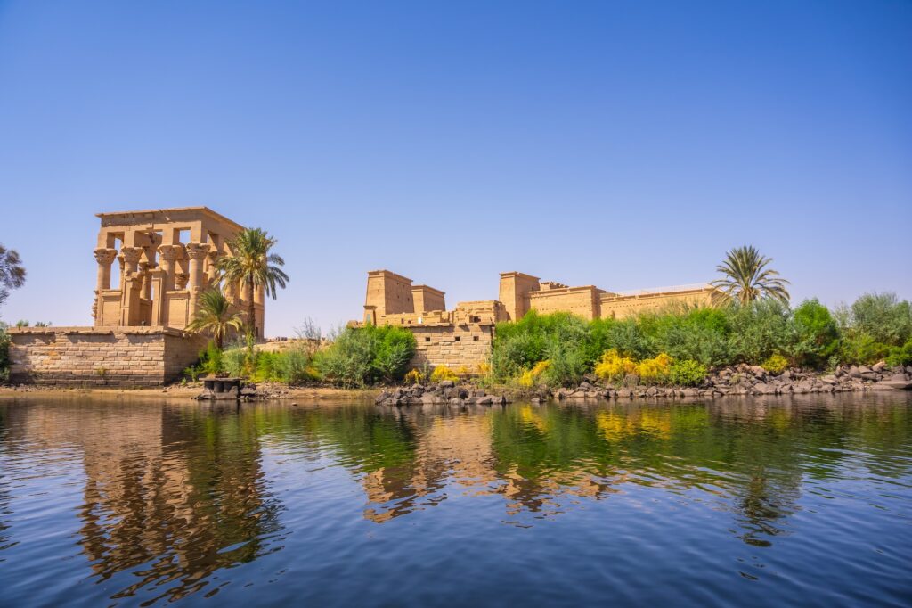 Philae Temple and Greco-Roman structures viewed from the Nile, dedicated to Isis