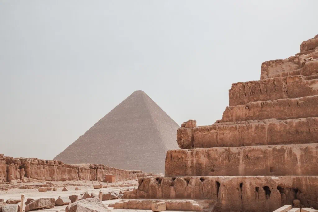 Close-up view of weathered limestone blocks forming the Giza Pyramids, Giza