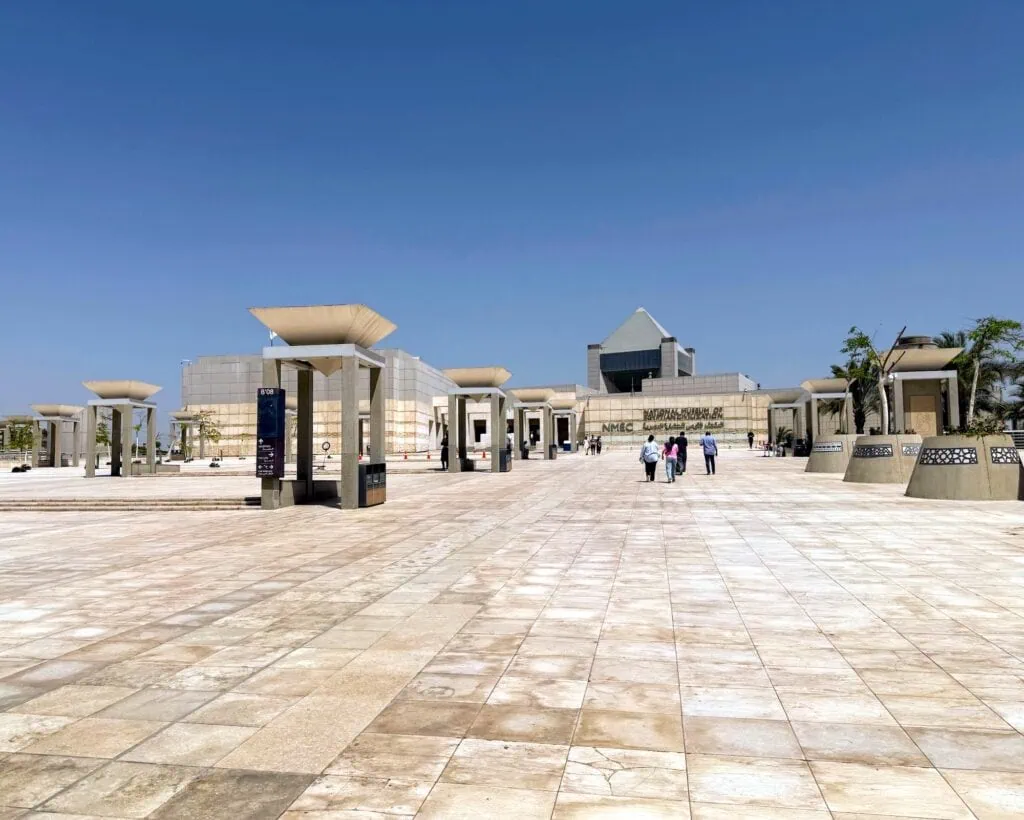 Entrance of the National Museum of Egyptian Civilization (NMEC) with its modern facade and main signage, Cairo