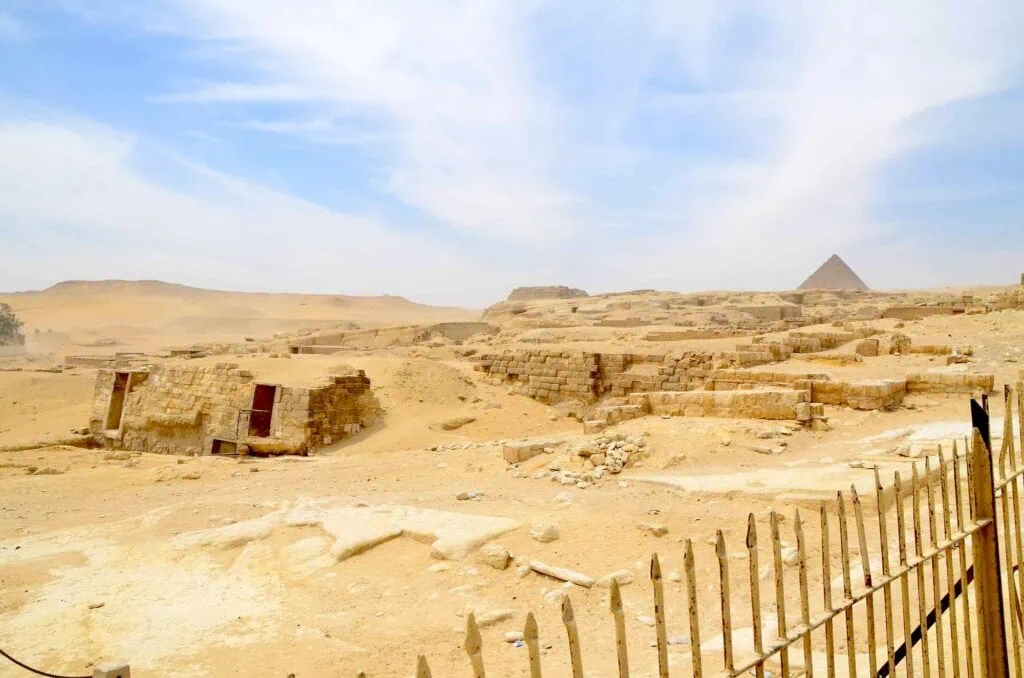 Cemetery of the Pyramid Workers with mudbrick tombs and excavation areas near the Giza Plateau, Giza