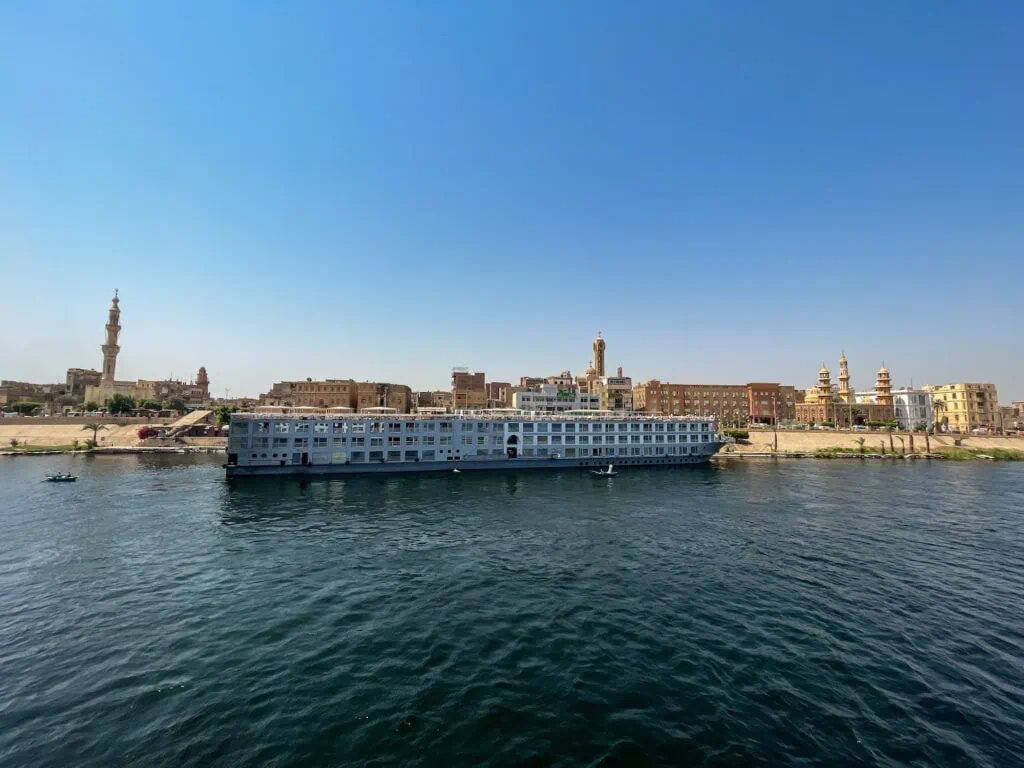 Cruise ship anchored along the banks of the Nile River