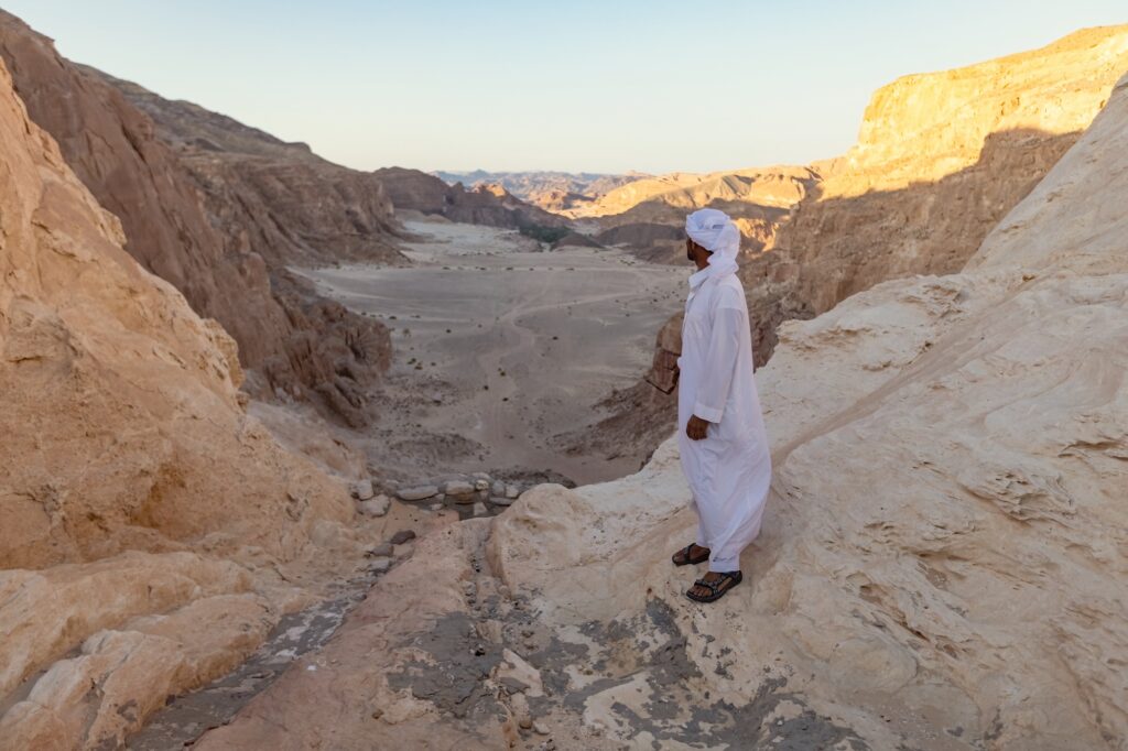 South Sinai desert valley showing a Bedouin man in traditional white clothing overlooking rugged mountains and open desert terrain, Saint Catherine