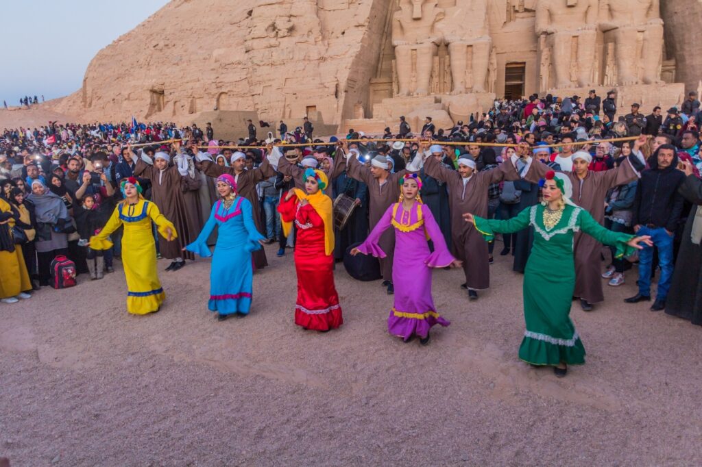 Dance performance in front of the Great Temple of Ramesses II during the February 22 sun alignment event, Abu Simbel