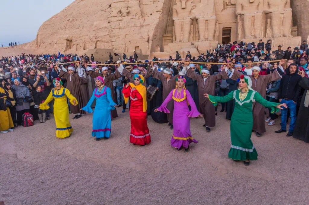 Dance performance in front of the Great Temple of Ramesses II during the February 22 sun alignment event, Abu Simbel
