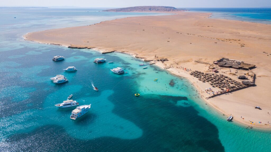 White yachts anchored in turquoise waters near Giftun Island, Hurghada